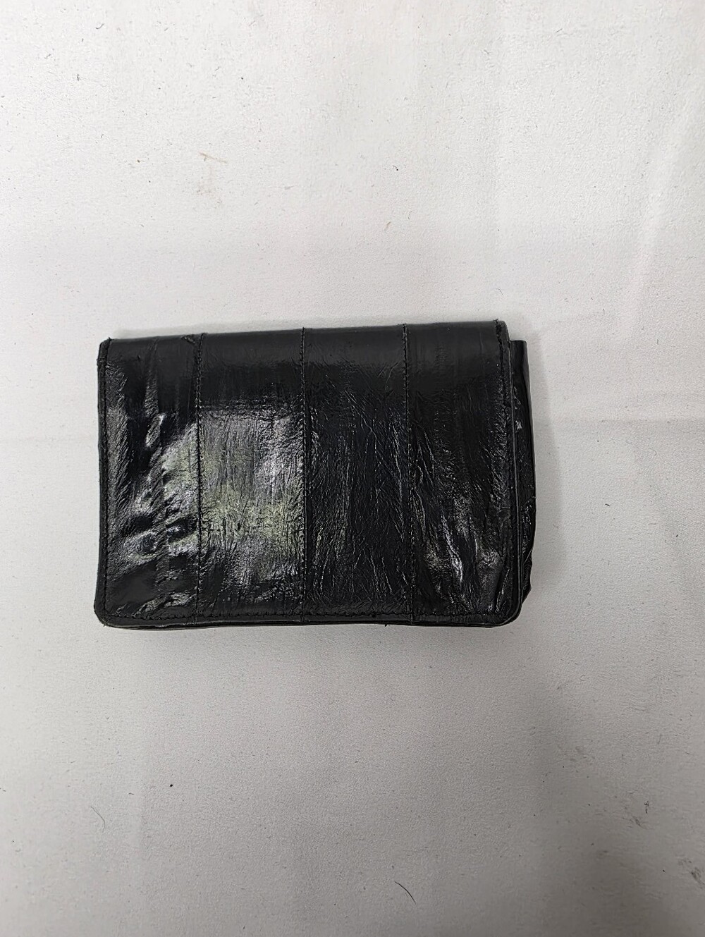 Vintage Genuine Black Eel Skin Leather Compact Wallet Card Holder Case EUC